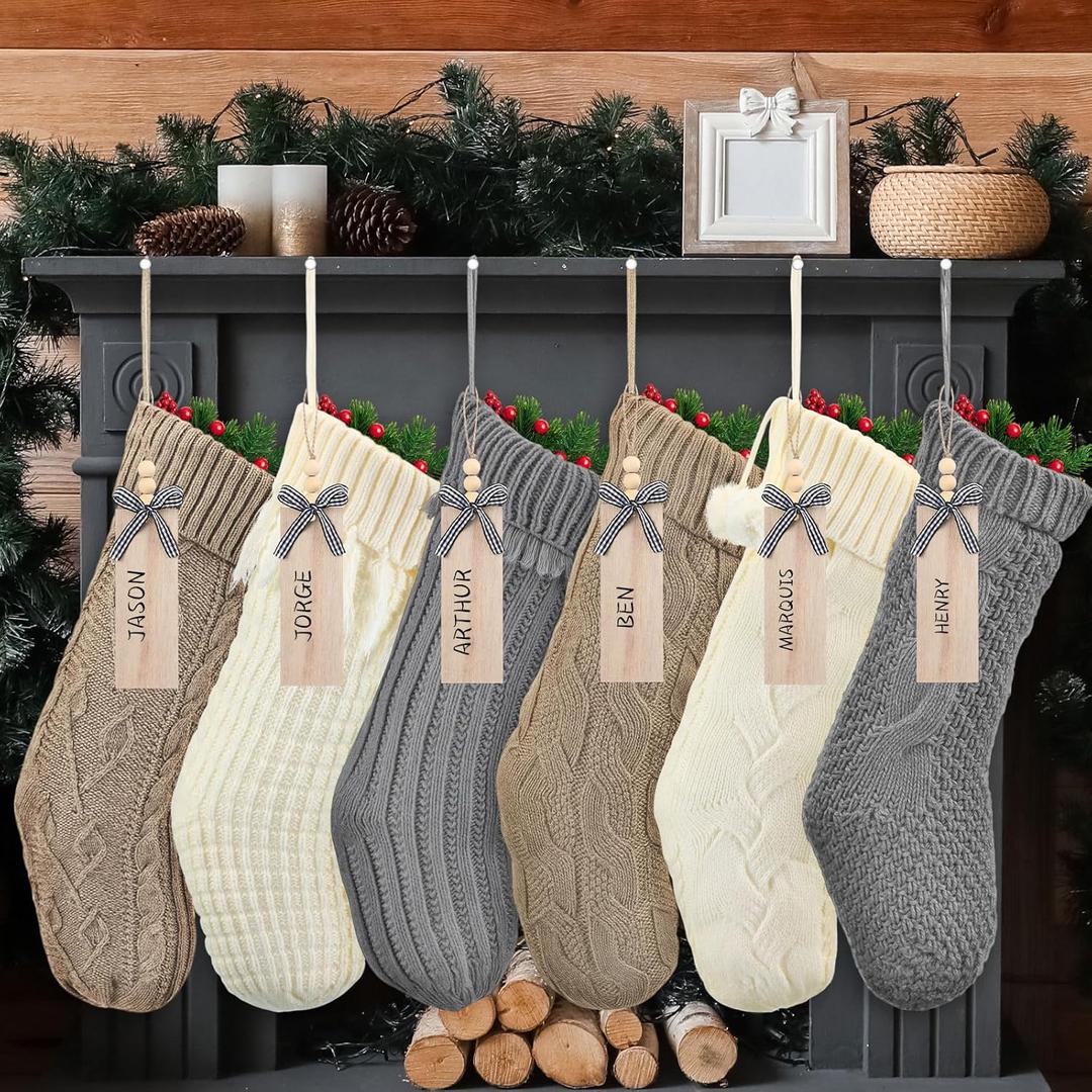 6 Pack Farmhouse Neutral Knitted Christmas Stockings with Name Tag 18'' Rustic Neutral Cable Knit Fireplace Hanging Stockings Xmas Boho Cream for Family Holiday(Grey)