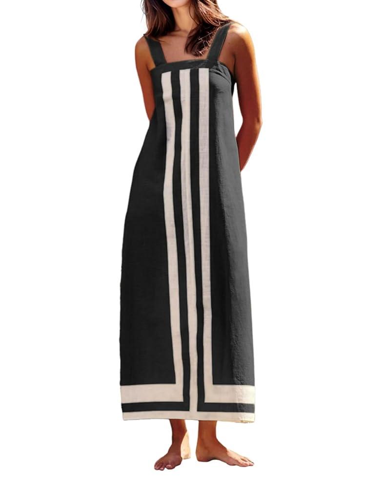 ACCPUR Women Color Block Striped Boho Maxi Dress Backless Square Neck A-Line Long Dress Summer Casual Cover up Dresses Black L