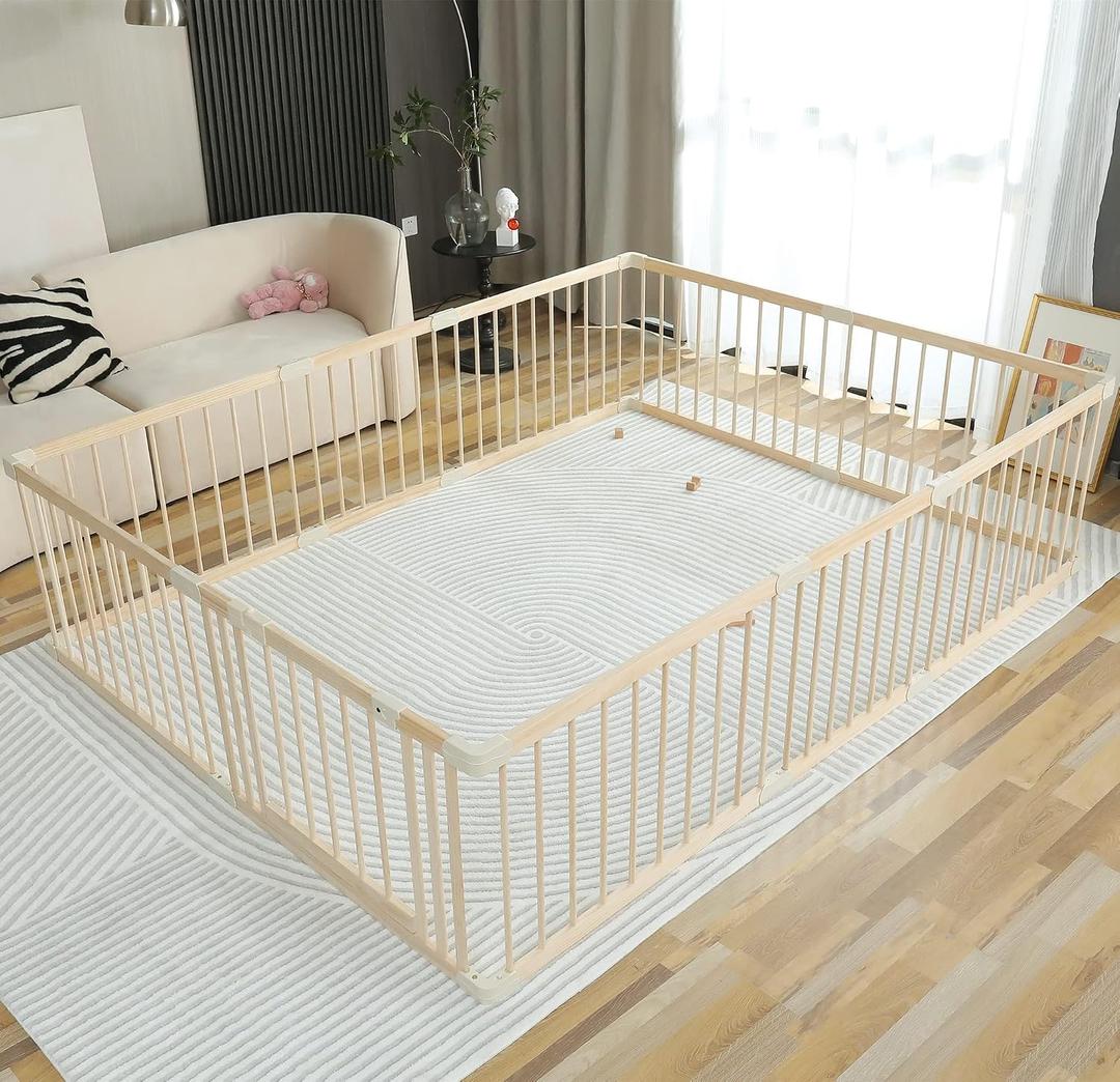 Baby Playpen Play Fence Gate Play Pen Wood Large,Playpens for Babies and Toddlers Kids Indoor,Baby Play Yards Gym,180x240x61 cm 