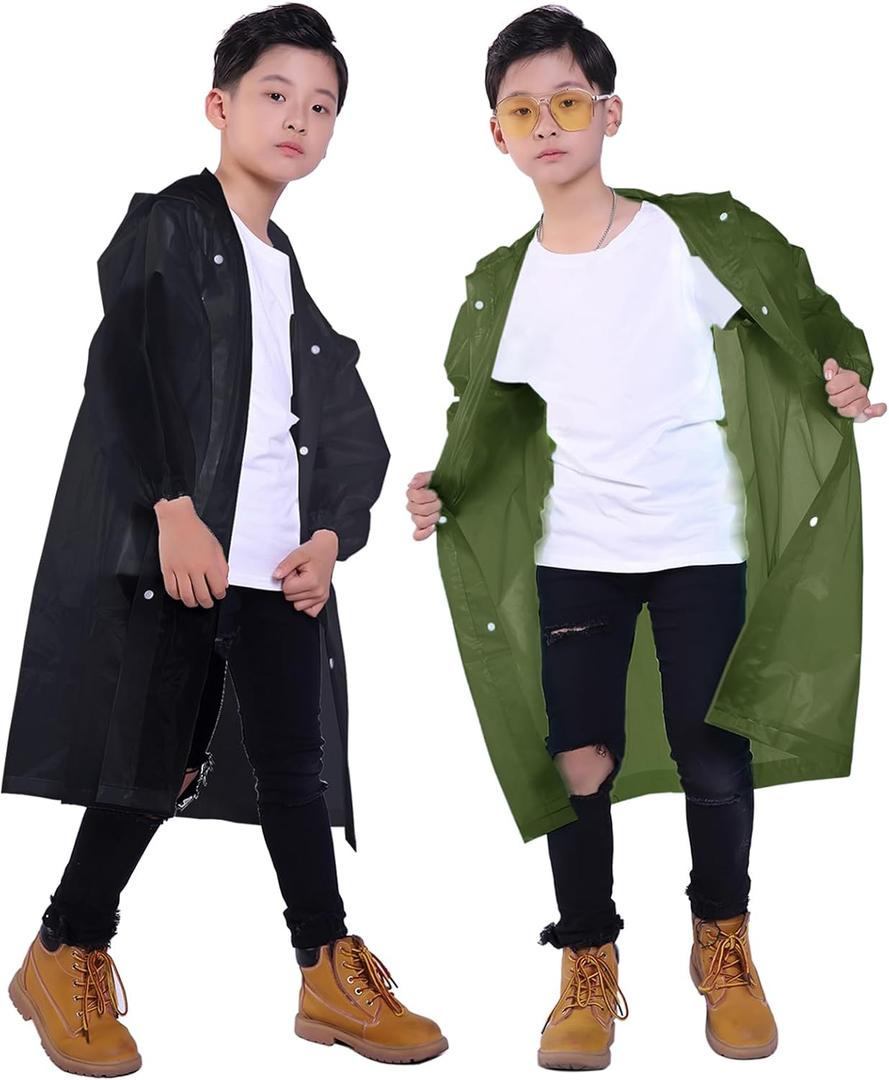 Kids Rain Jacket, 2 Pack Rain Ponchos for Kids - Reusable Raincoats for Boys and Girls Waterproof Outdoor Rain Gear (6-11 Years, R: Olive + Black)