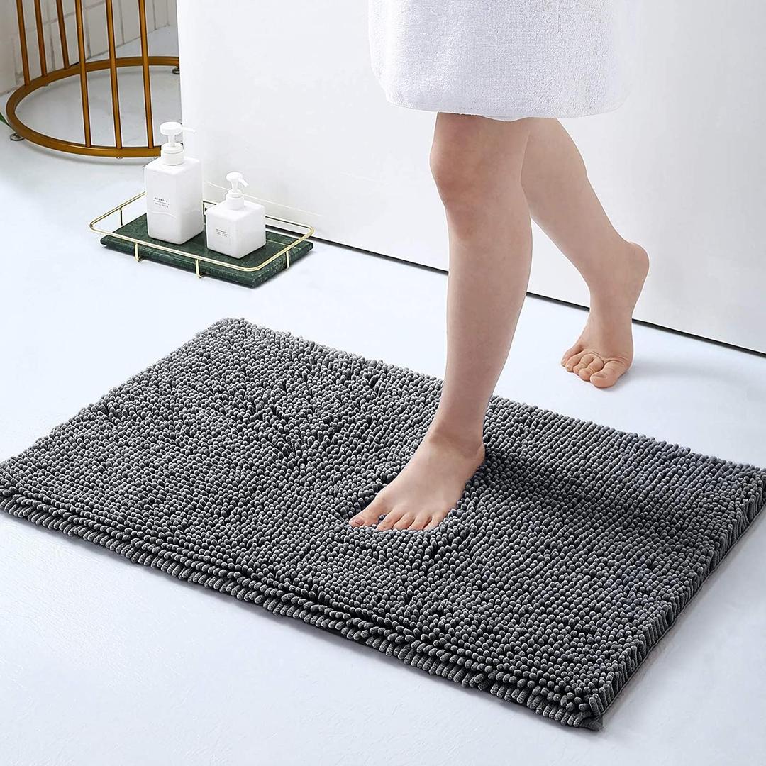 Yama Chenille Bath Mat – 24”x17” & 2.5" Thick, Fluffy & Shaggy Microfiber Top with Non-Slip Rubber Base - Machine-Washable, Soft & Absorbent Bath Rug Best for Bathroom Floor, Shower & Living Room–Grey