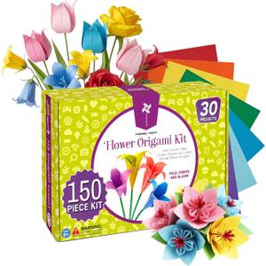 Pinwheel Crafts Flower Origami Kit for Kids Ages 8-12 | 150 Pcs Origami Paper Kit w/Multicolor Folding Papers, Chenille Stems,Buttons and Jewels, Arts and Crafts Paper Book for Kids Ages 6+