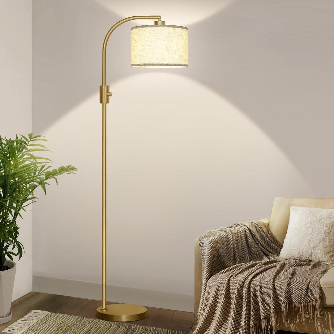 Nintiue Upgraded Modern Arc Dimmable Tall Standing Floor Lamp with Linen Shade, 1200 Lumens LED Bulb Included, for Living & Reading Room, Bedroom, Office & Nursery, Gold