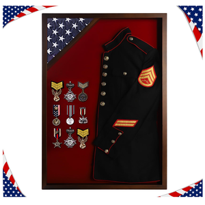 Flag Display Case Military Uniform Shadow Box Fits a Folded 3'x5' Army Navy Air Force Veterans Home Flown Flag with Police Uniform Jacket Display and Felt Lining for Badges and Medals, Walnut Finish