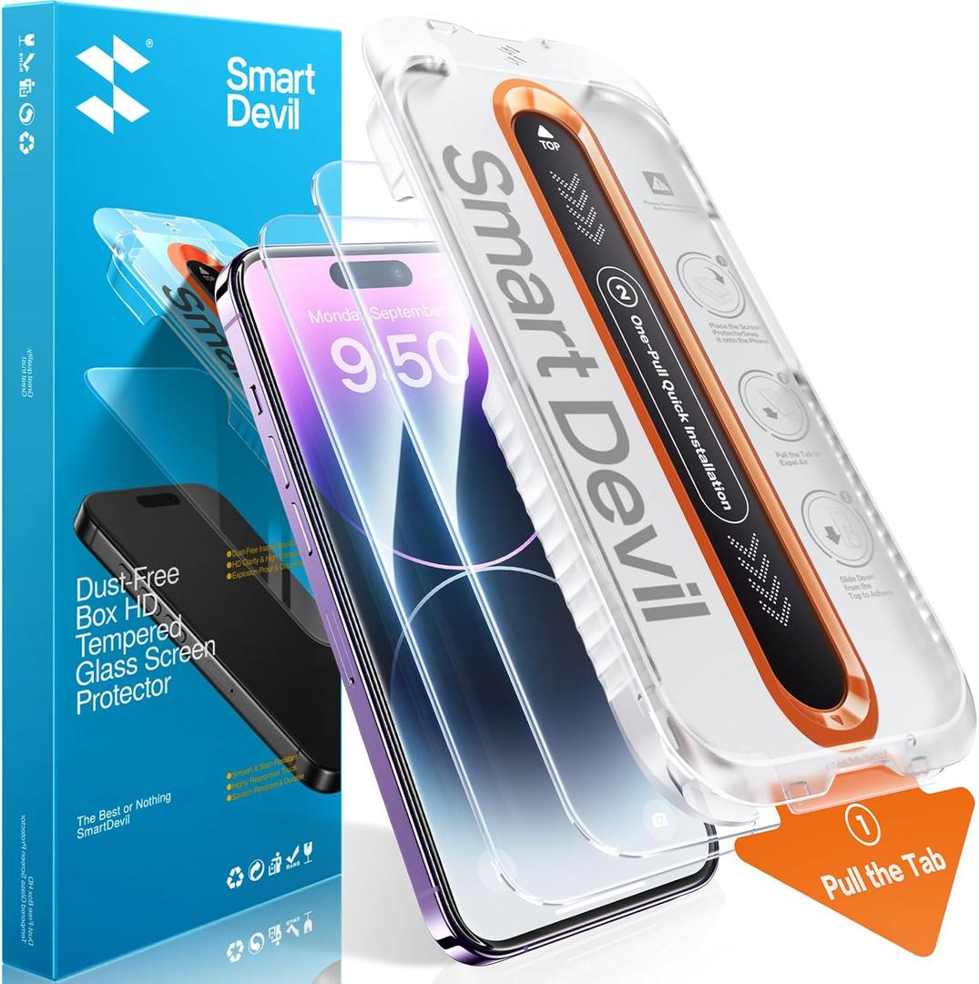 SMARTDEVIL 2 Pack Screen Protector for iPhone 14 Pro Max, 9H Hardness Military Grade Shatterproof HD Clear Tempered Glass, Easy to Install, Auto Bubble-Free and Dust-Free Box, Case Friendly