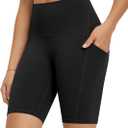 ODODOS High Waist Workout Shorts with Pockets for Women 6"/8" Inseam Tummy Control Gym Athletic Biker Shorts (Black, L)