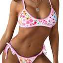 ZAFUL Women's Tie Back Padded High Cut Bralette Bikini Set Two Piece Swimsuit, Large, Pink 