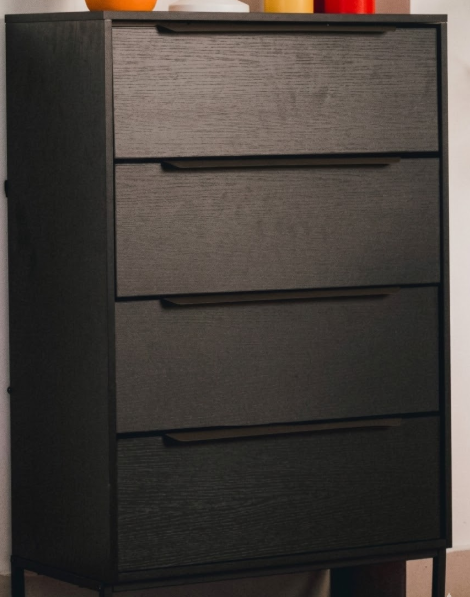 tinge Lira Premium Fabric Dresser - Solid Wooden Frame, 4 Spacious Sag-Proof Drawers with Sleek Metal Handles - Sleek & Durable Storage Solution for Your Home (Black) (11.8"D x 23.4"W x 36.5"H (4 Drawers))