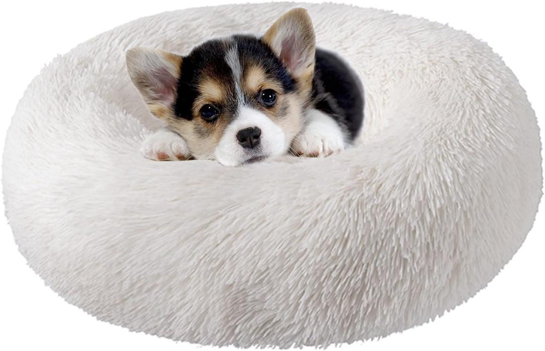 Nisrada Cat Beds for Indoor Cats,24 Inch Dog Bed for Small Melium Large Dogs, Washable-Round Pet Bed for Puppy and Kitten with Slip-Resistant Bottom (White)
