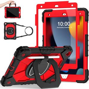 Case for iPad 9th Generation iPad Case 9th 8th 7th Generation iPad 10.2 Inch iPad 9th Gen Cover with Screen Protector Pen Holder TabletCases for Kids 360 Rotating Stand, Black Red
