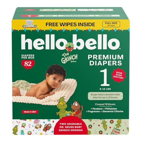 Hello Bello Dr. Seuss Baby Grinch Premium Diapers, Size 1 (8-12 lbs), 82ct Plus Bonus Wipes: Softness & Protection for Sensitive Skin