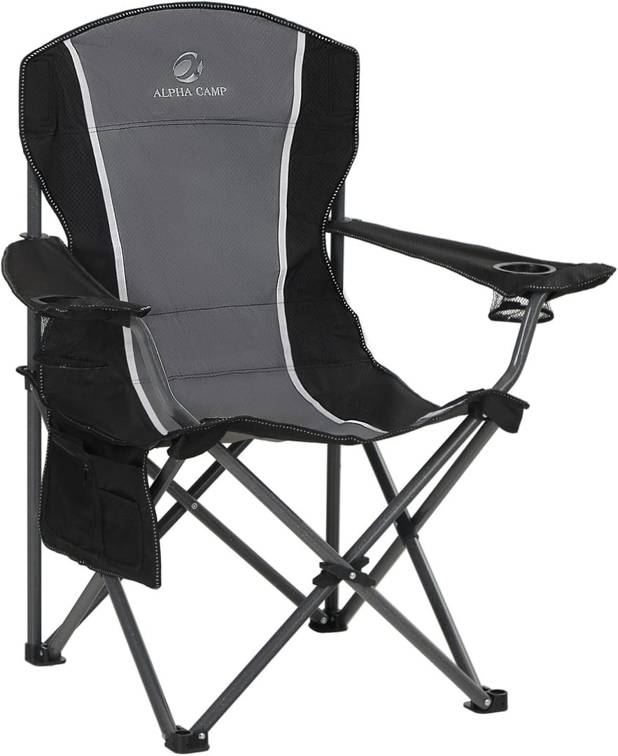 LET'S CAMP Oversized Outdoor Folding Camping Chair, Heavy Duty Arm Chair with Cup Holder and Storage Bag, 350 LBS Weight Capacity, Grey (1 Pack, Black Grey)