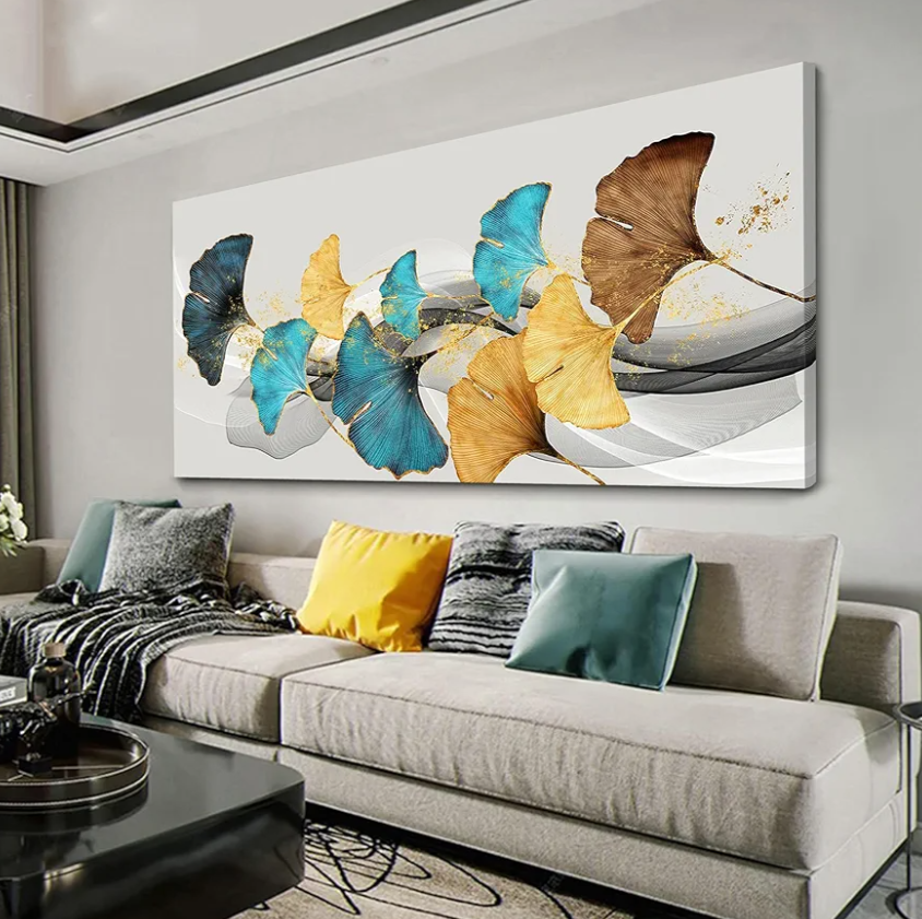 Skyward Leaf Wall Art Living Room Décor Home Wall Decor Modern Artwork Botanical Wall Decor Blue And Yellow Leaves Picture Modern Inspired Dining, Bathroom Decoration Ready to Hang 24" x 48"
