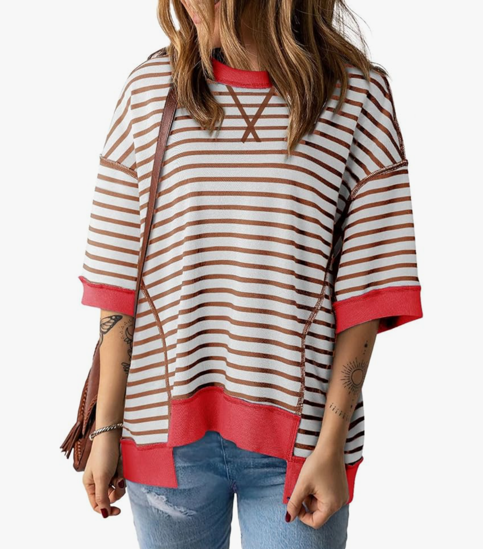 Womens Summer Tops Casual Crewneck Short Sleeve Sweatshirt Striped Color Block Trendy Pullover Knitted T Shirts Blouse M