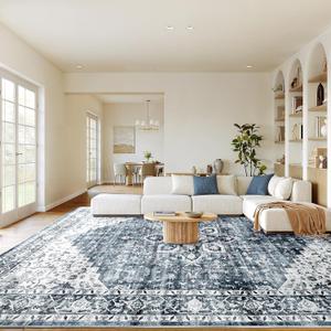 AMADA HOMEFURNISHING 8x10 Washable Area Rug, Low-Profile Large Area Rug with Non-Slip Backing & Durable Edge Binding, Vintage Large Rugs for Living Room, Bedroom, Dinning Room (8'x10', Blue) AMADA HOMEFURNISHING 8x10 Washable Area Rug, Low-Profile Large Area Rug with Non-Slip Backing & Durable Edge Binding, Vintage Large Rugs for Living Room, Bedroom, Dinning Room (8'x10', Blue)
