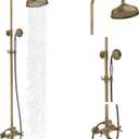 BWE Exposed Bathroom Shower Faucet Set Antique Brass Bathroom Shower Faucet Triple Functions 8 Inch Rainfall Shower Head Handheld Spray with Tub Spout Exposed Shower System Double Handle