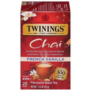 Twinings French Vanilla Chai Spiced Black Tea Bags, 20 CT Box (1 Pack) | Sweet Vanilla & Savoury Cinnamon, Ginger, Cardamom & Clove, Naturally Caffeinated, 20 Foil Lined Individually Wrapped Bags (EXP 02/16/29)