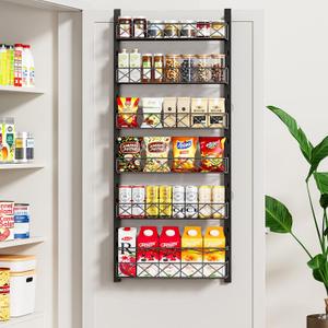 MIAOLI Over the Door Organizer, Black 6-Tier Pantry Door Organizer with Adjustable Basket, Hanging Spice Rack Cabinet Door Shelves, Laundry Room Organization and Storage