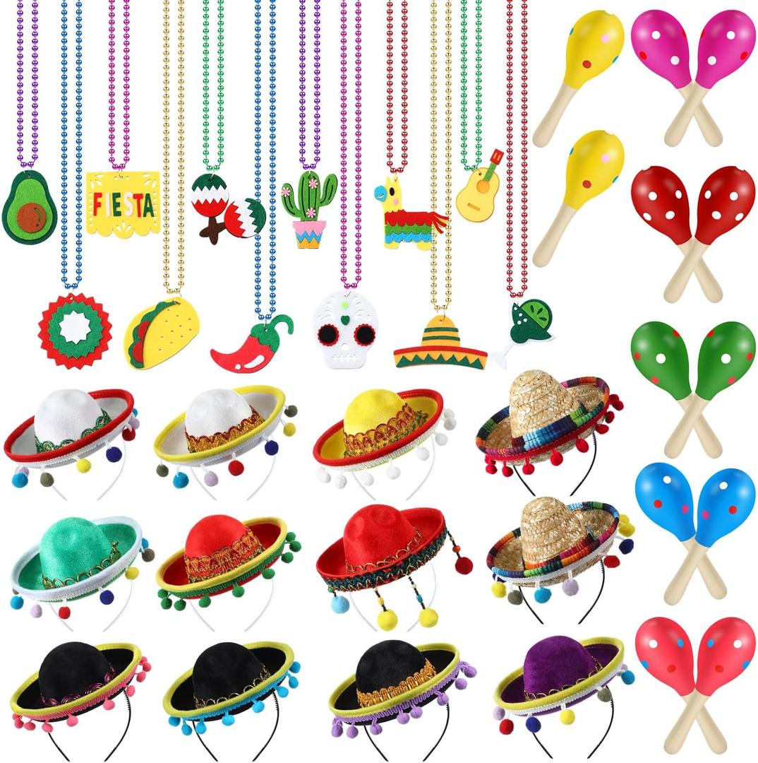 36 Pcs Fiesta Includes 12 Mexican Sombrero Headbands Hat 12 Maracas 12 Cinco De Mayo Necklaces(Stylish)