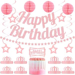 Happy Birthday Party Decorations Set Pre-Strung Pink Glitter Banner Paper Crown Star Garland Cake Topper Hanging Swirls Tissue Pom Poms Birthday Party Supplies