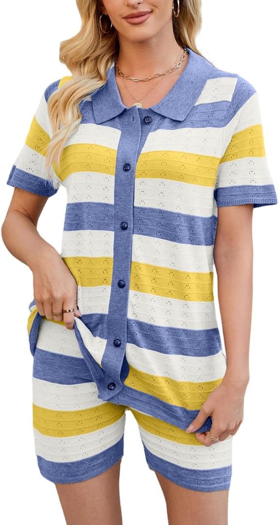 Womens Sweater Knit Pajama Sets Short Sleeve Top and Shorts Matching Lounge Set Loungewear (XL)