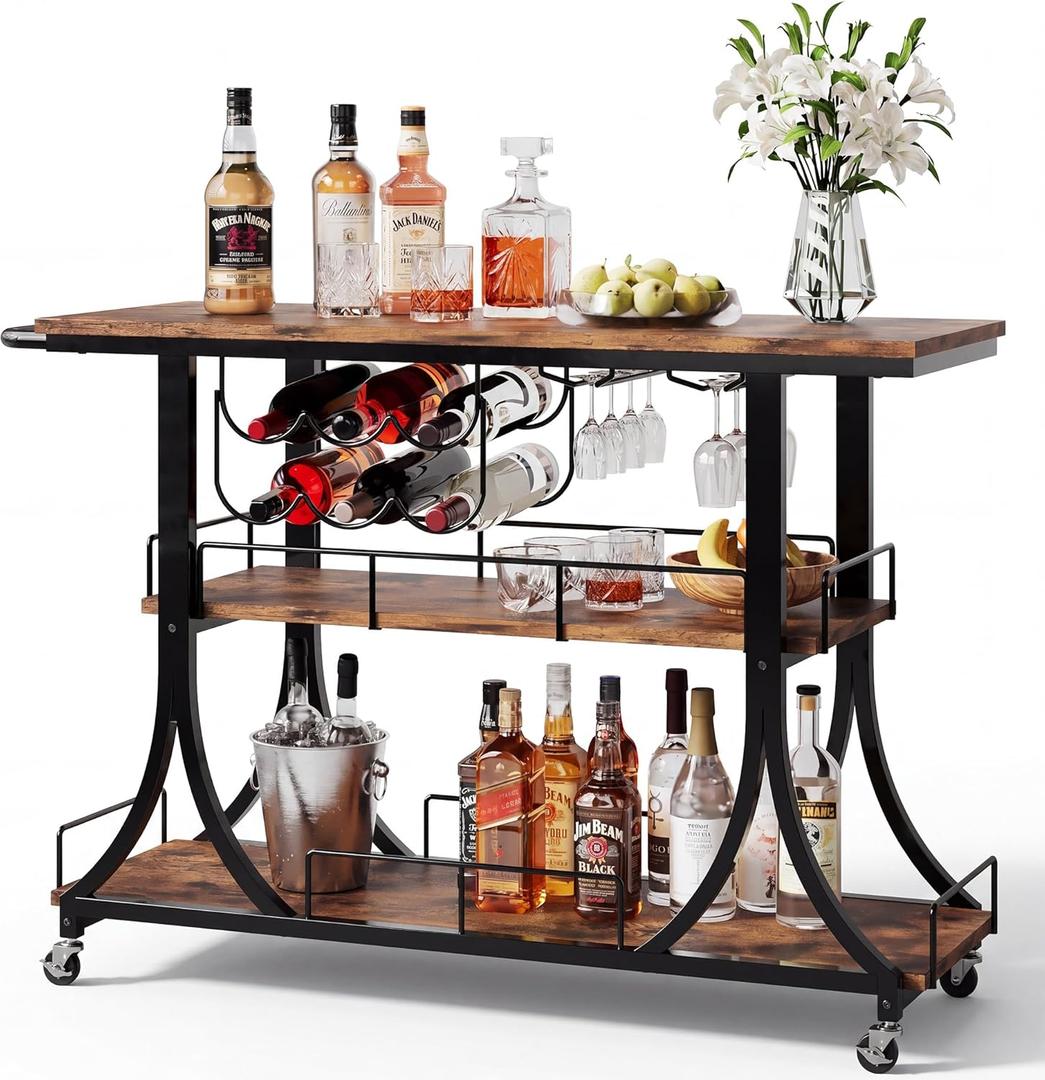 PETKABOO 3-Tier Rustic Wooden Bar Cart with Wheels, 44.49 x 14.3 x 33.9 inches