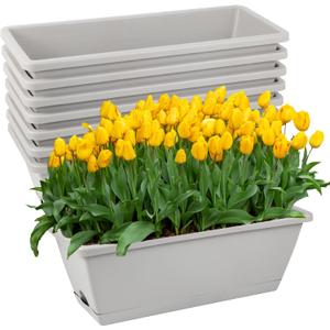 8pcs Window Box Planter, 17 Inches Flower Window Boxes, Rectangle Planters Box with Drainage Holes and Trays, Plastic Vegetable Planters for Windowsill Patio Garden Home Decor Porch Yard (Grey) (Gray)