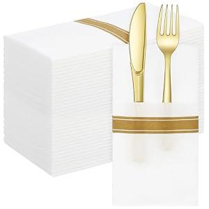 Oqqlin 100 Pcs Prefolded Disposable Dinner Napkins, 16 x 16 Inch Linen Feel Dinner Napkins Disposable Gold Trim Cloth Like Paper Napkin with Built-in Flatware Pocket for Wedding, Party, Hotel