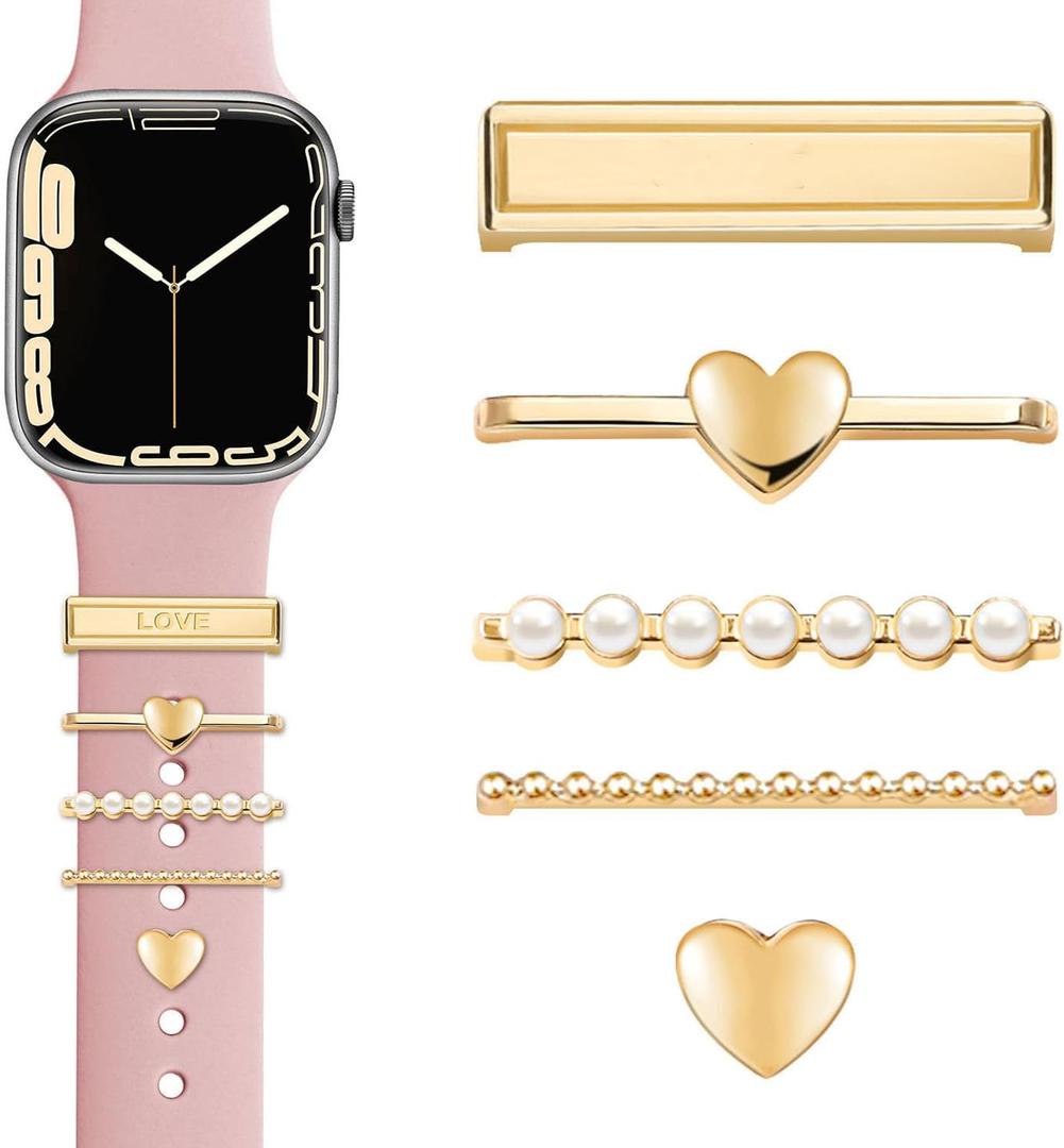 JR.DM Watch Band Charms with Decorative Bling Rings Loops, Compatible with Apple Watch 40mm 38mm 41mm 42mm 44mm 45mm 46mm Smart Watch Strap Accessories for iWatch Series 10 9 8 7 6 5 4 3 2 1 (Q-Pearl&Love Gold)