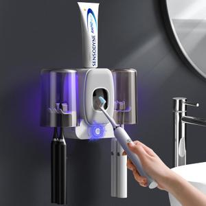 Toothbrush Holders for Bathrooms, Wekity Automatic Toothpaste Dispenser Space Saving Toothbrush and Toothpaste HolderToothbrush Holder Wall Mounted with 2 Cups for Bathroom (Grey)