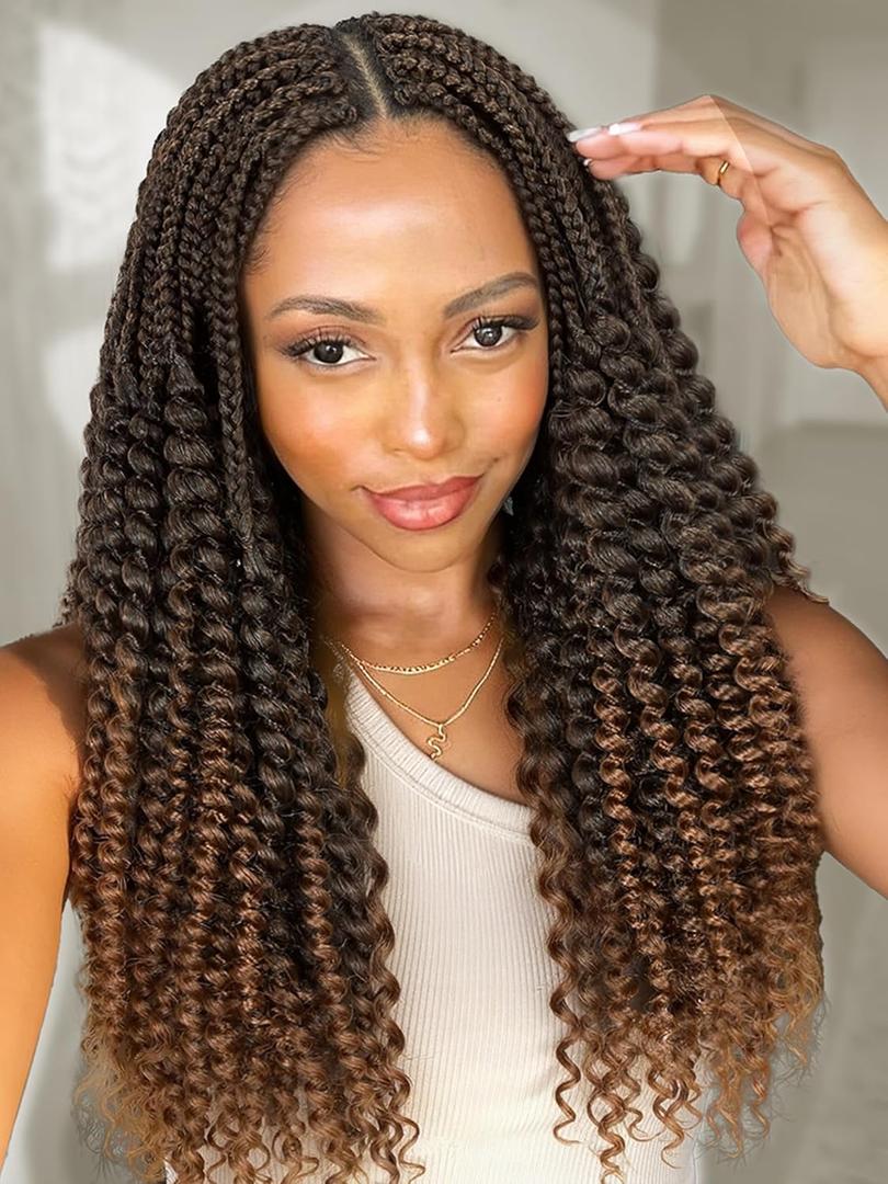 WIGER Full Double Lace Box Braided Wigs with Baby Hair Synthetic Dark Brown Lace Front Braid Wig with Curly Ends Boho Pre Plucked Knotless Box Braids Wig for Women Daily Party Use