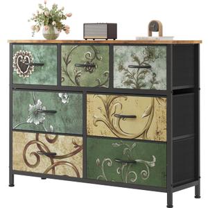 Sweetcrispy 7 Drawer Dresser for Bedroom Storage, Fabric Bins, Floral Print, 39.3"D x 11.8"W x 30.3"H
