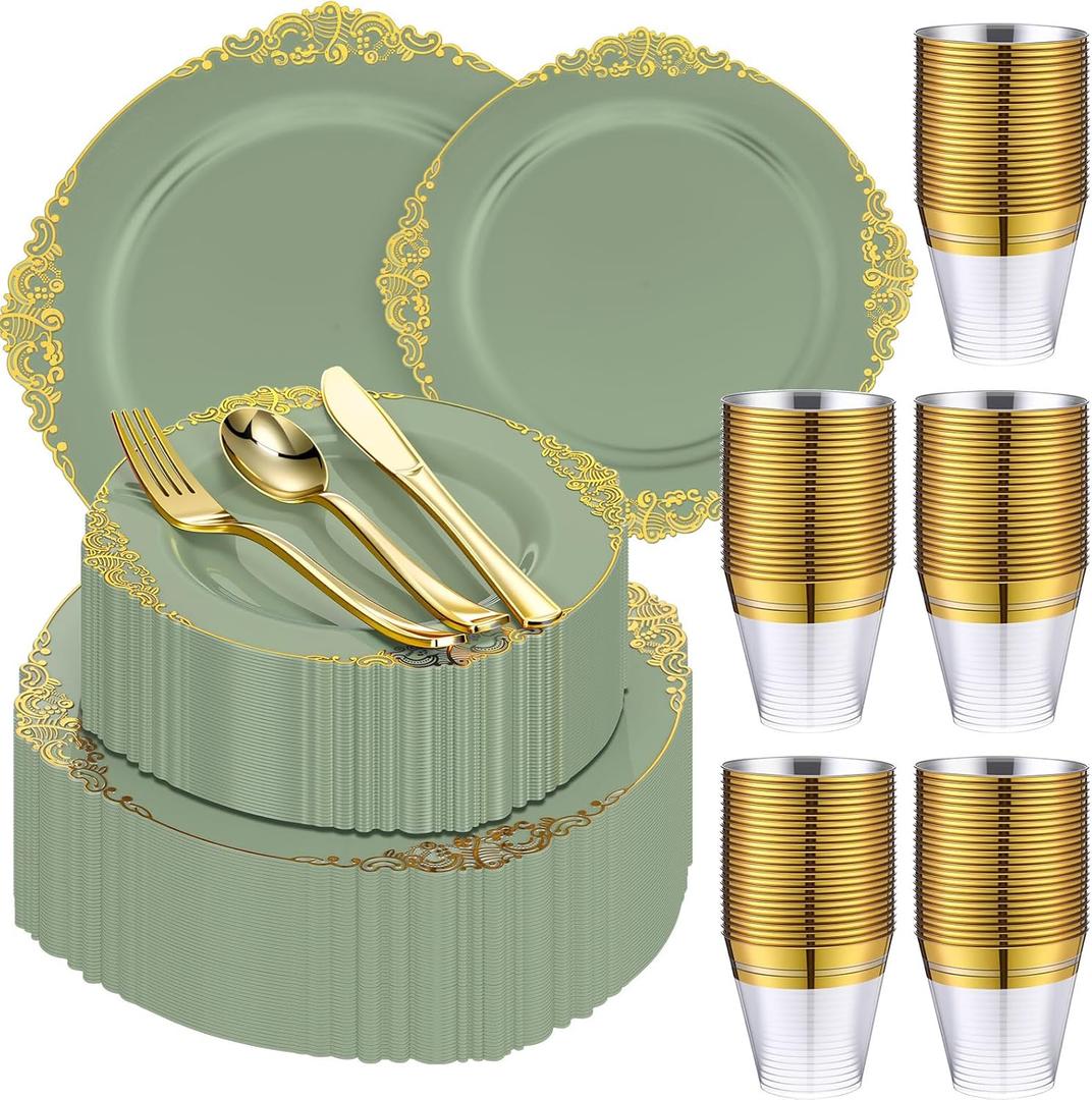 Umigy 300 Pcs Sage Green Plastic Plates Heavy Green and Gold Disposable Dinnerware, Include 50 10. 2" Dinner Plates, 50 7. 5" Dessert Dinnerware and 150 Gold Silverware for Weddings Party