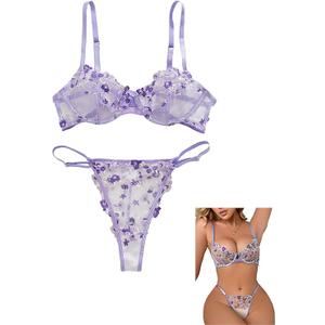 Women 2 Piece Push Up Embroidered Mesh Sheer Lingerie Set See Through Bra and Panty Size S