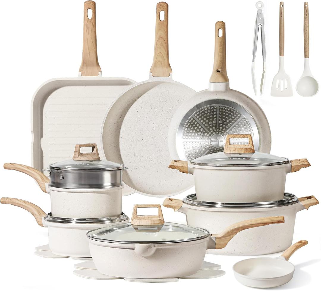 CAROTE 22pcs Pots and Pans Set Nonstick, Cookware Set White Granite Induction Kitchen Cooking Set w/Frying Pans & Saucepans& Grill Pan(PFOS, PFOA Free) (22 Piece, Cream White)