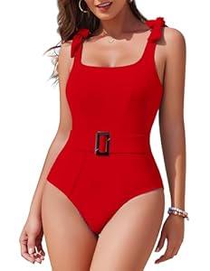 AI'MAGE Women's One Piece Swimsuit 2025 Tummy Control Swimsuits Slimming Bathing Suits Belted Swim Suit Swimwear, Red, M