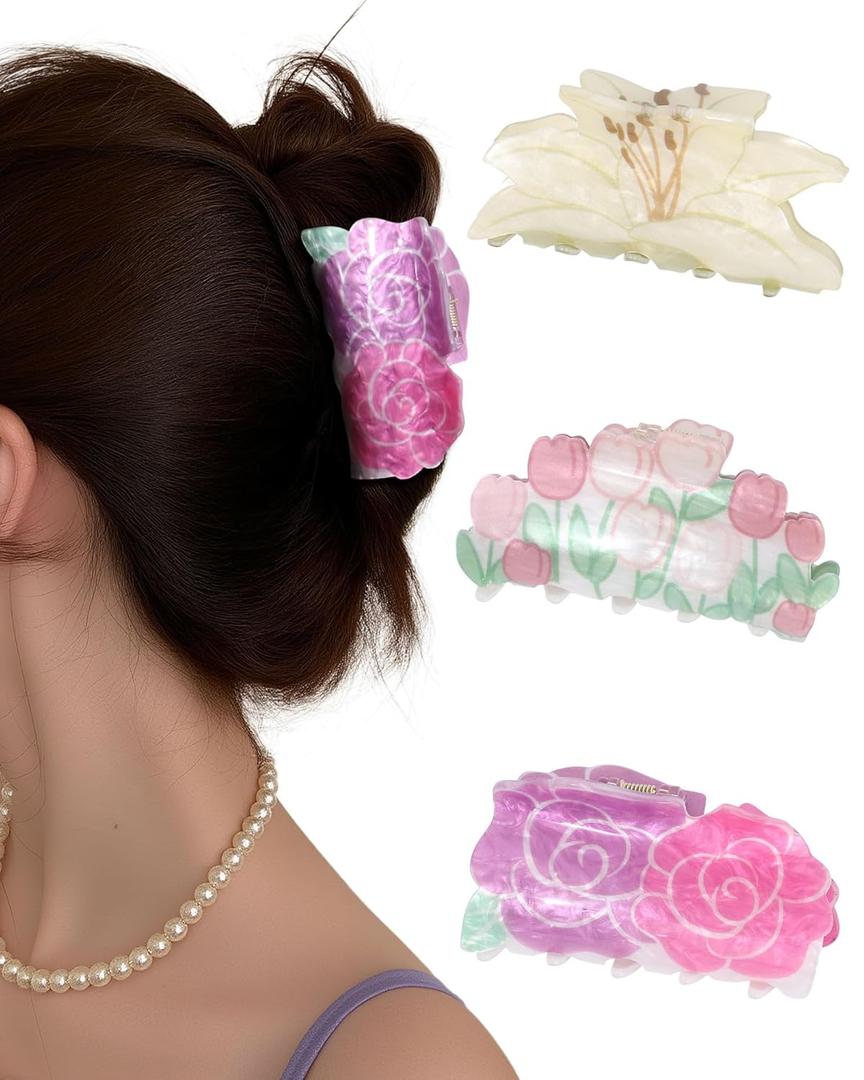 HAIMEIKANG 3 PCs Meidum Flower Cute Hair Claw Clips for Women and Girls - Acrylic Non-Slip Strong Hold Jaw Clips for Thin Hair