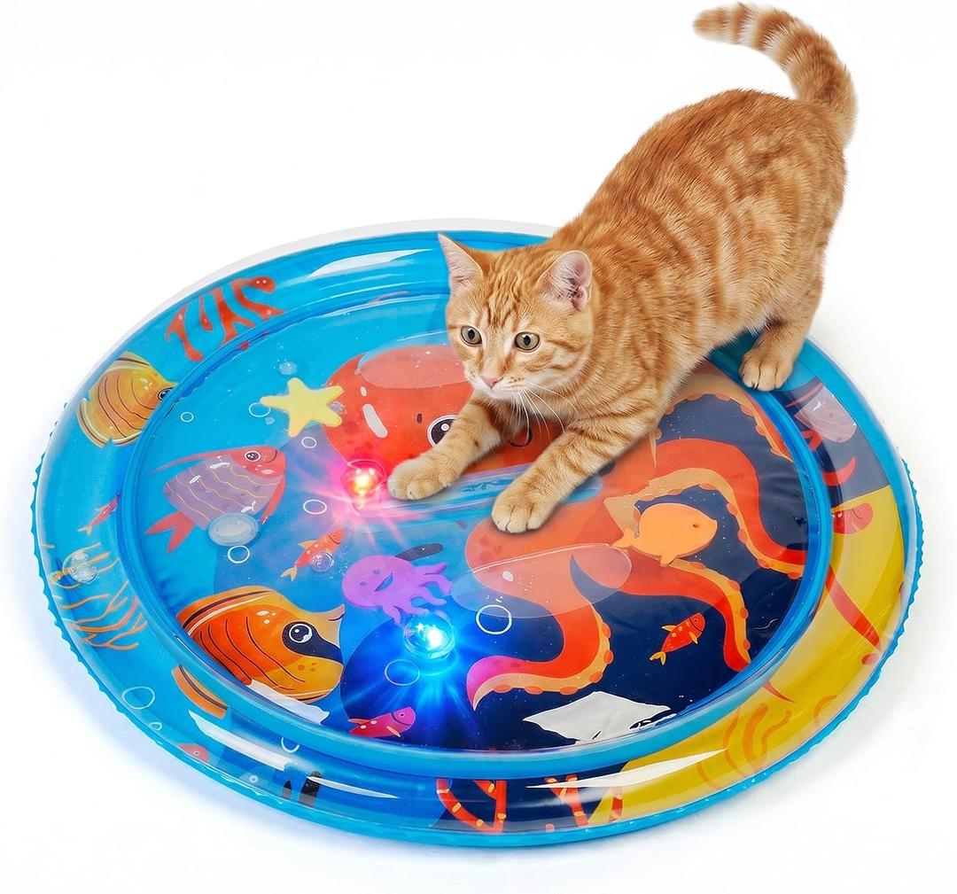 Cat Water Mat with Fish- Thickened Cat Sensory Water Play Mat Toy, Interactive Ocean Breeze Splashland with Floating Fish and 2 Balls for Cats & Kittens, Indoor Pet Water Bed Play Mat-Round