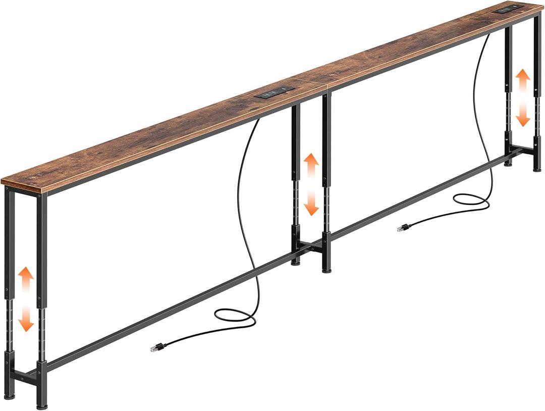 Huuger 102.4 Inch Sofa Table with Power Outlets, 23.9-34.4 Height Adjustable Range, Behind Couch Table with USB-C Ports, Sofa Tables Narrow Long, Skinny Console Table, Small Spaces, Rustic Brown