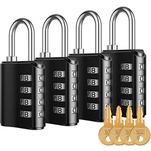 KeeKit Combination Lock, Resettable 4 Digit Combination Padlock with Keys, Waterproof Gate Lock for Locker, Fence, Case, Gym, School and Employee Locker, Toolbox – 4 Pack, Black