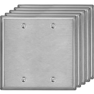[5 Pack] BESTTEN 2-Gang No Device Metal Blank Wall Plate with hite or Clear Plastic Film, Corrosion-Resistant Stainless Steel Outlet Cover, Standard Size, Brushed Finish, H4.53 x W4.57