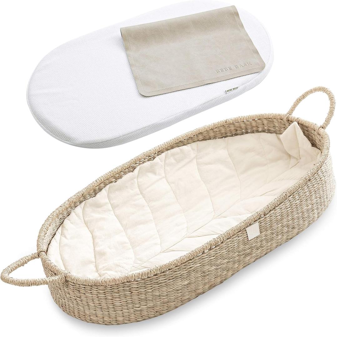 Premium Baby Changing Basket - Artisan-Crafted Seagrass With Extra High Sides - Changing Basket for Baby Dresser - All Accessories Included - Complete Set for Nursery (Natural)