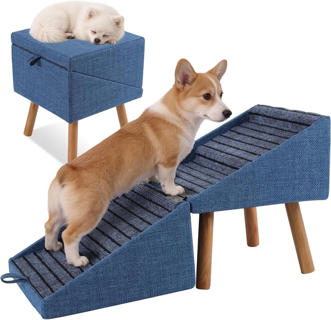 17.13" H Dog Stairs for Small Dogs, 2-in-1 Pet Steps & Ottoman - Foldable Dog Stairs for Couch, Non-Slip Wooden Pet Stairs for Puppy Senior Injured Dogs (Blue)