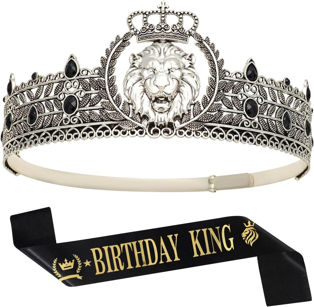 King Crown and Birthday Sash, King Crown for Men,Gold Men's Tiara Prince Diadem,Royal Medieval Cosplay Birthday Prom Halloween Hair Accessories