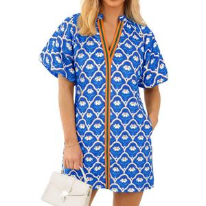 Wenrine Womens Summer Dresses Casual Floral Puff Sleeve V Neck Boho Loose Beach Mini Dress with Pockets (Blue, XXL)