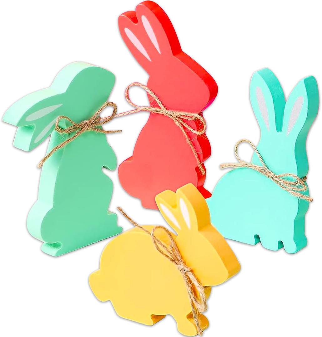 4Pcs Easter Bunny Table Wooden Sign Decorations,Rabbit Shape with Rope Natural Wood Signs Spring Easter Table Centerpieces Decor Bunny Farmhouse Kitchen Dining Room Tabletop Decoration Home Office