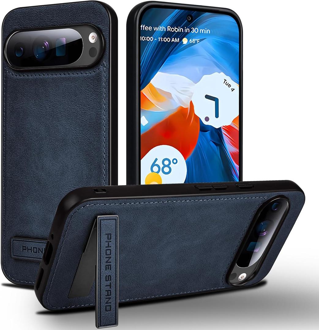 Slim Leather Case for Google Pixel 9 Pro XL with Kickstand & Protective Bumper (Blue)
