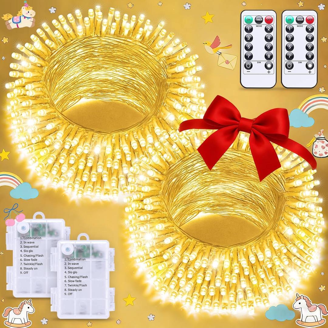 JMEXSUSS 2 Pack Battery Operated String Lights for Bedroom, Total 66ft 200 LED Ramadan String Lights Indoor Outdoor with Remote, Warm White Battery Christmas Lights for Room Tree Porch Party Yard Car