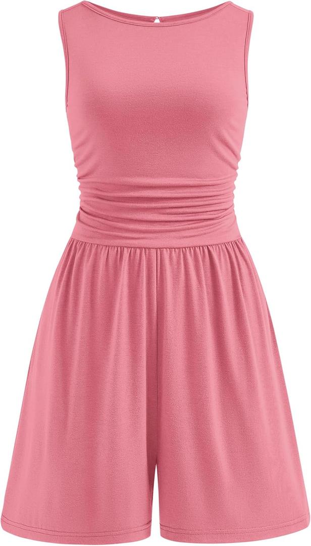 PRETTYGARDEN Summer Rompers for Women 2026 Dressy Casual Sleeveless Short Wide Leg Jumpsuits Beach Vacation One Piece Outfits, Large