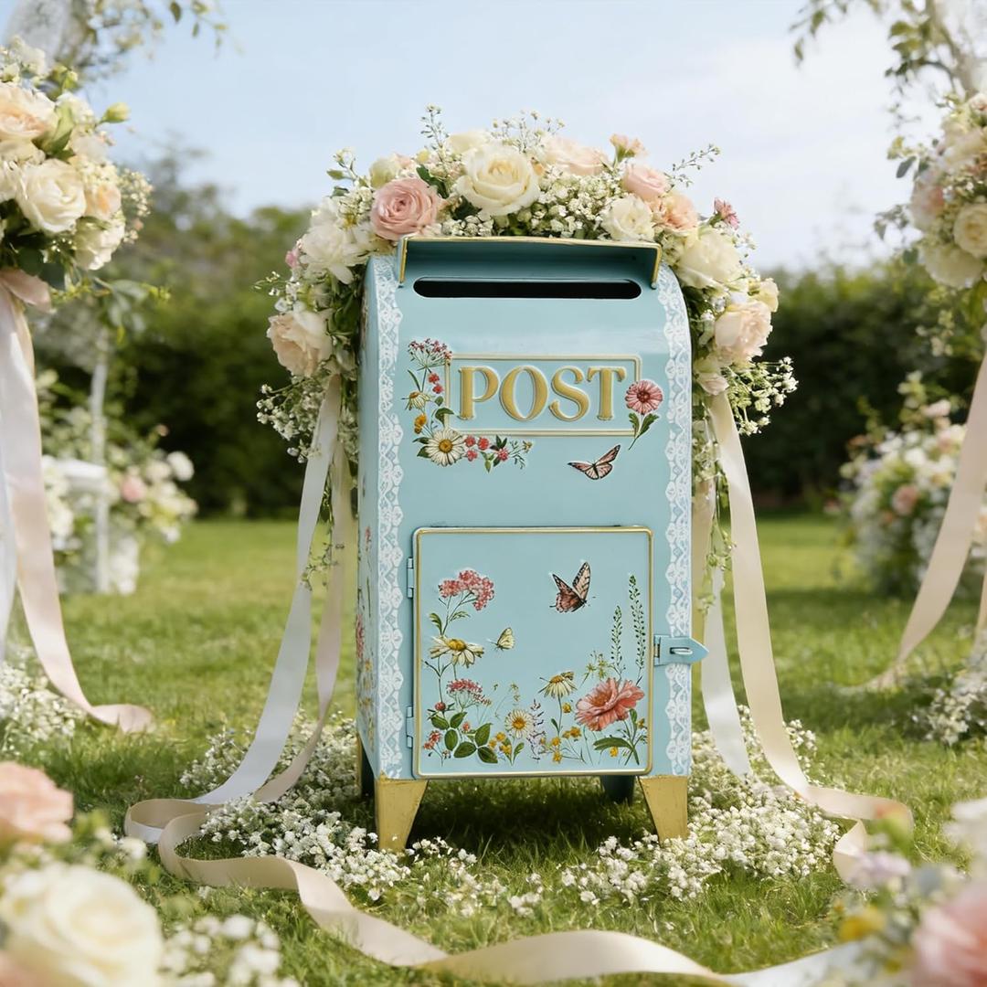 Vintage Wedding Mailbox with Lockable Door Decorative Blue Standing Post Box Large Metal Home Decor Mail Boxes for Wedding Cards Baby Birthday Shower Graduation Party Reception Gift (Blue)